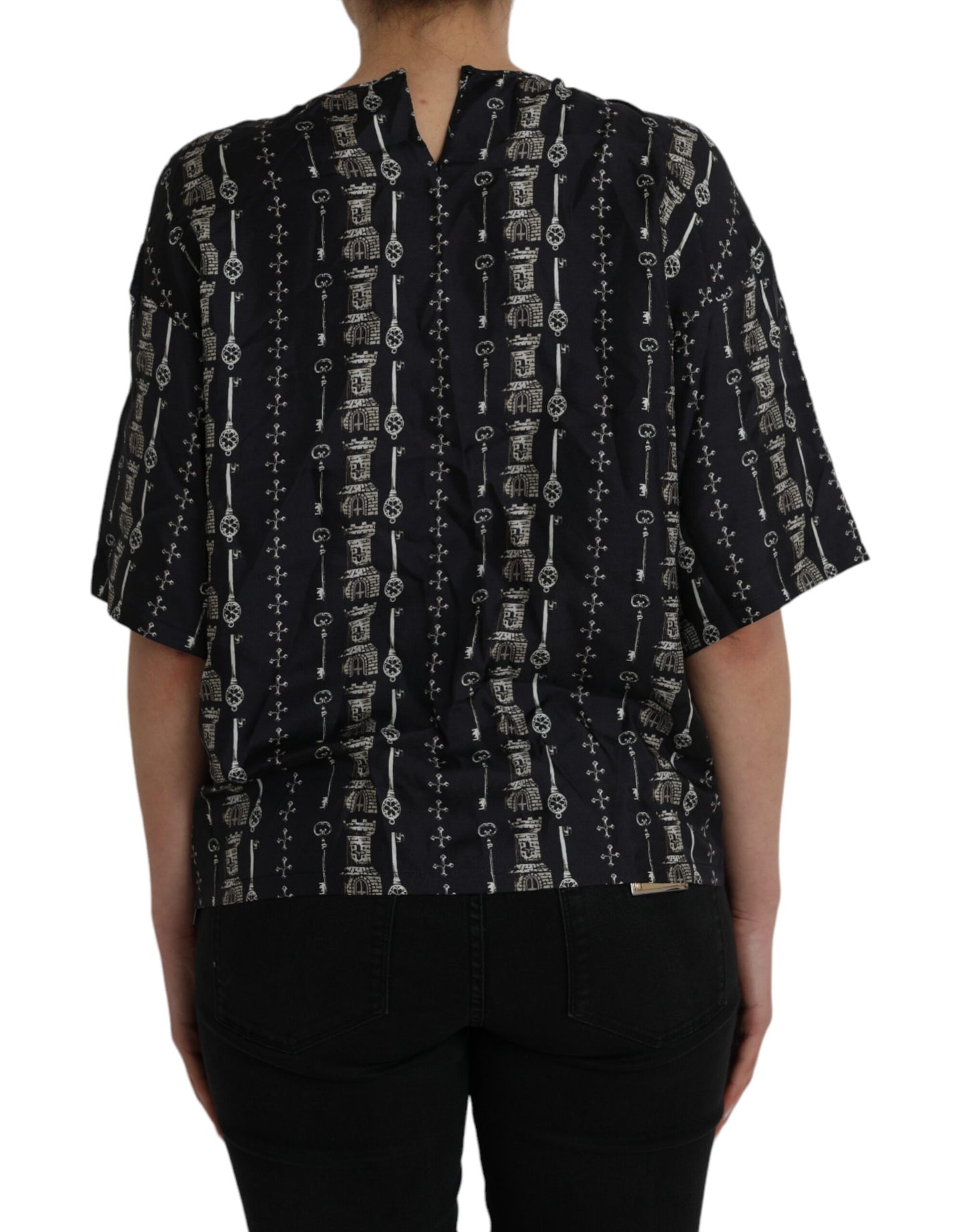 Black Key Castle Print Silk Blouse T-shirt - The Luxe Alliance