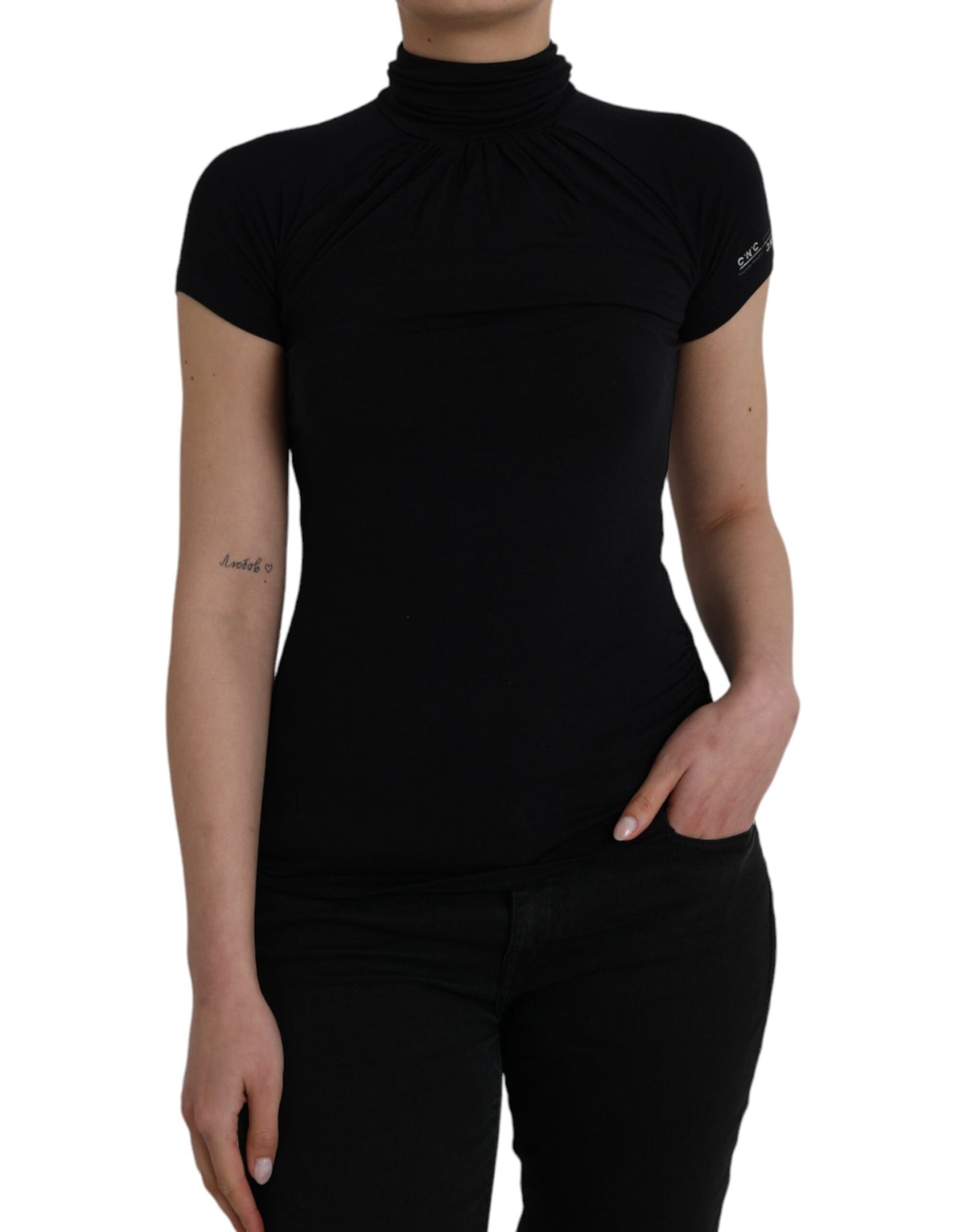 - Black Turtleneck Viscose Short Sleeve Top