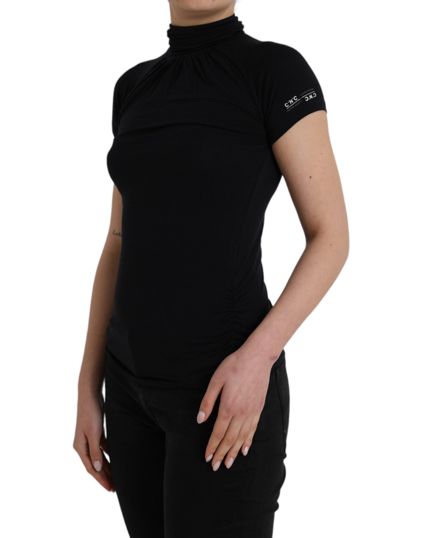 - Black Turtleneck Viscose Short Sleeve Top