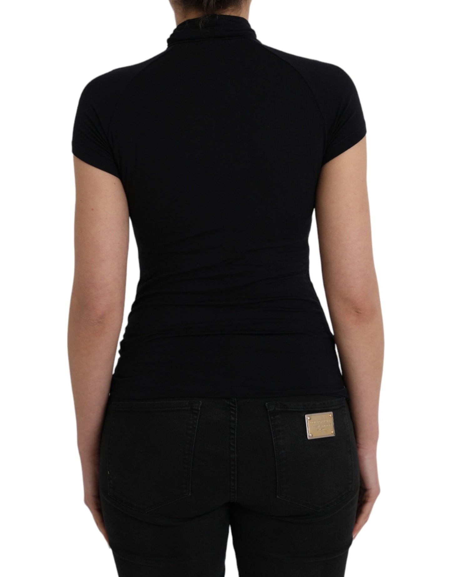 - Black Turtleneck Viscose Short Sleeve Top
