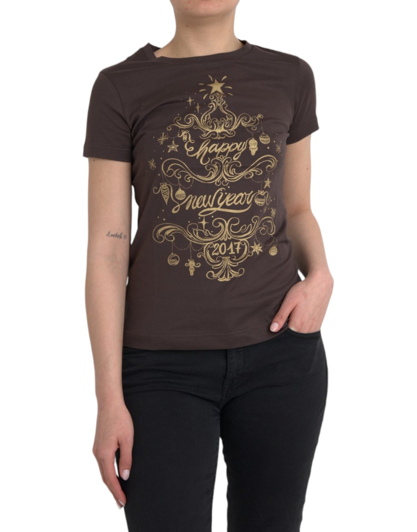 - Brown Crewneck 2017 Motive Print T-shirt