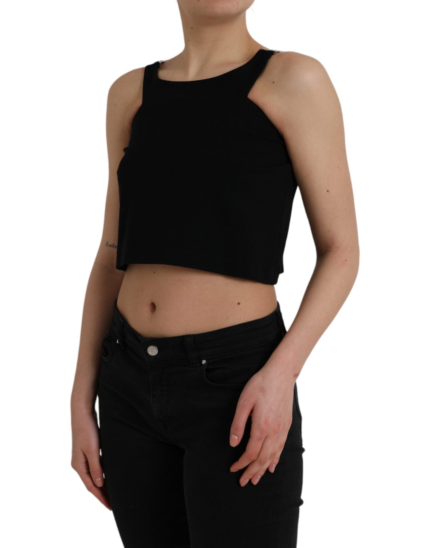 - Black Sleeveless Round Neck Cropped Tank Top