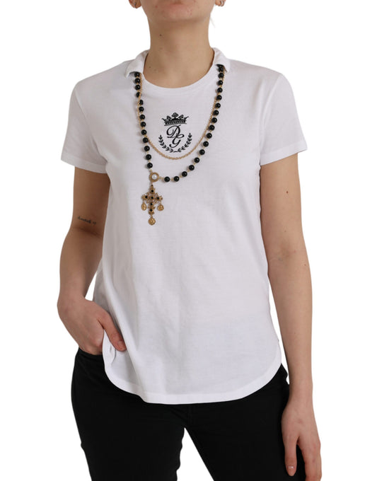 - White Cotton Necklace Short Sleeves T-shirt