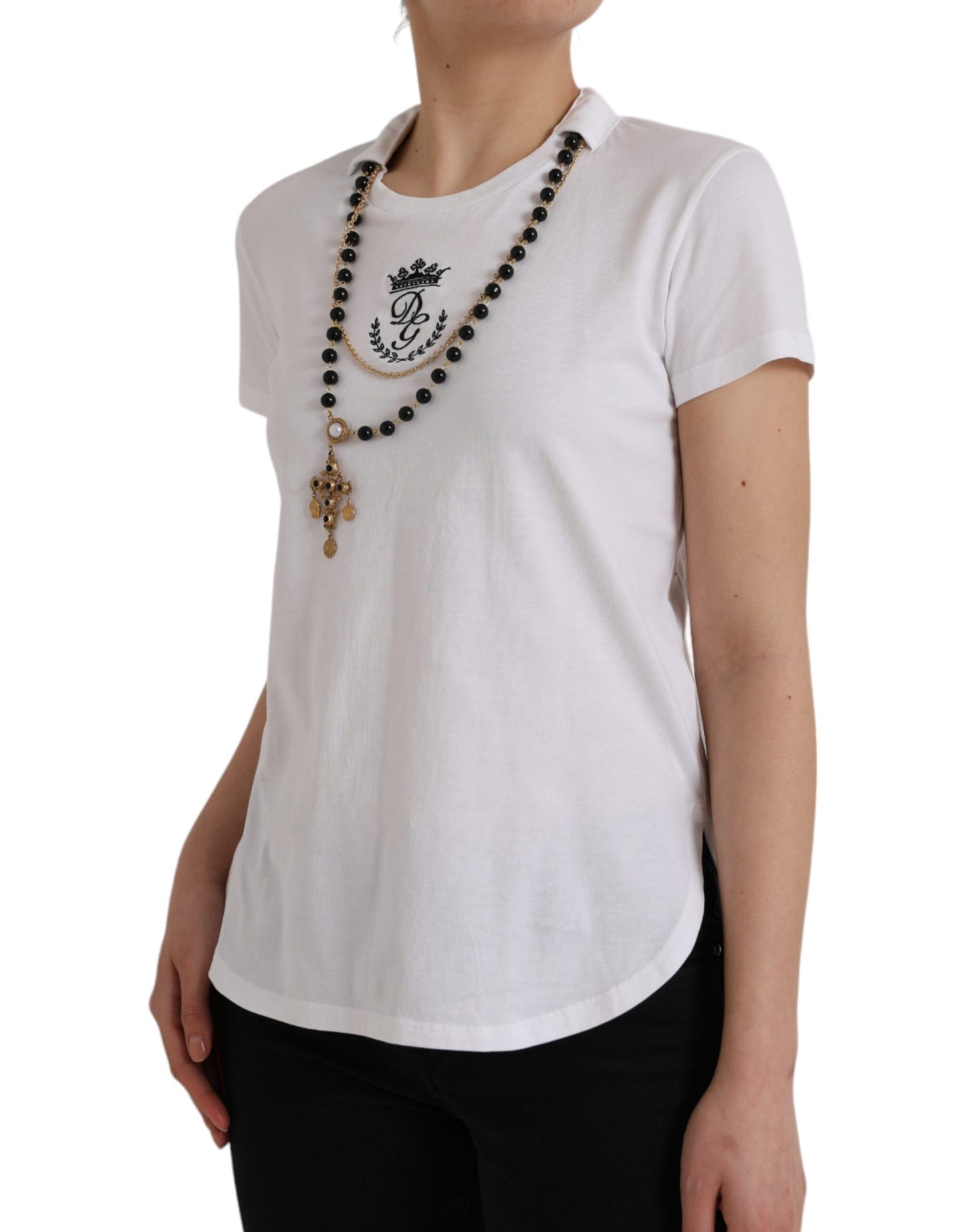 - White Cotton Necklace Short Sleeves T-shirt
