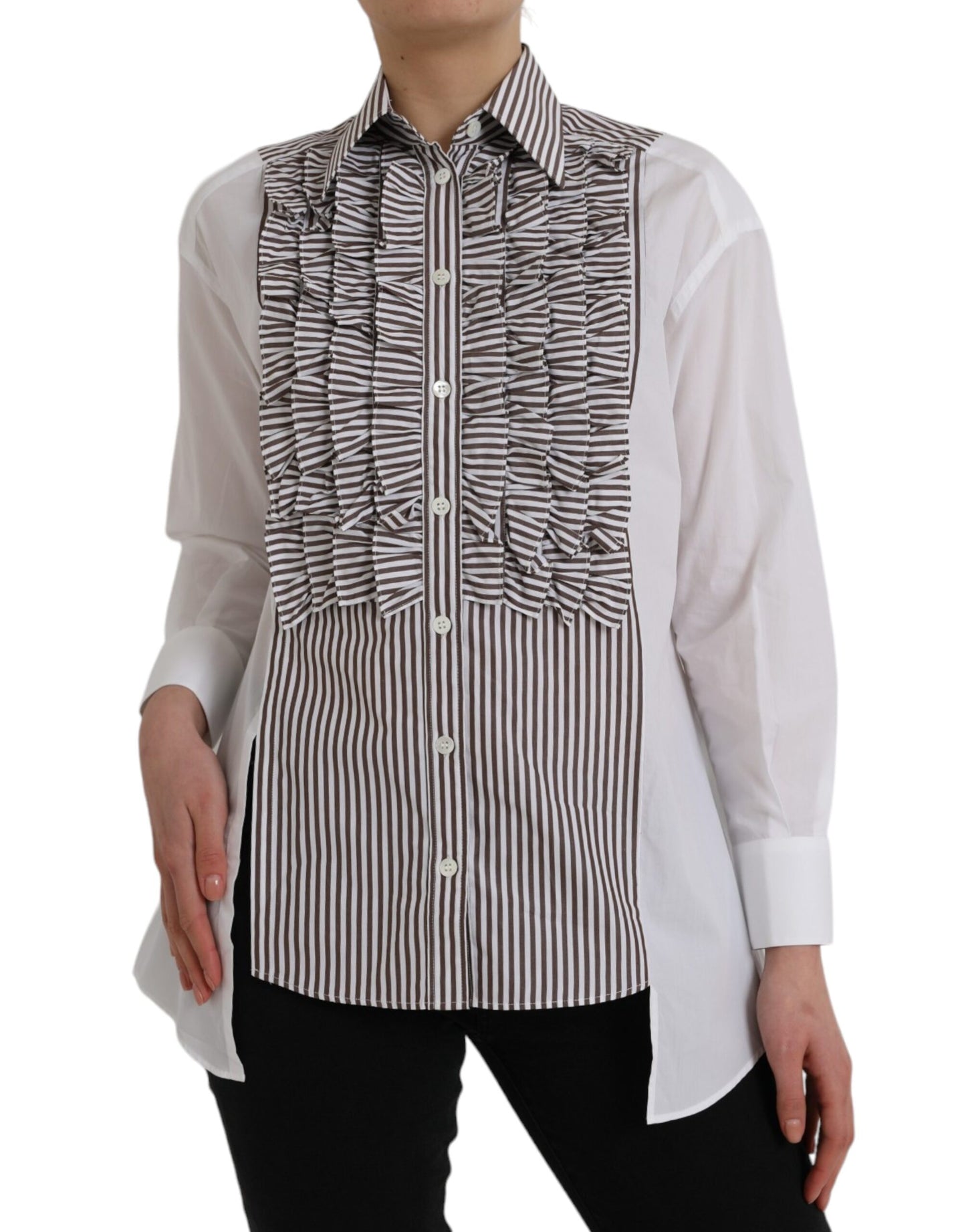 - White Stripes Cotton Long Sleeves Ruffle Collar Top