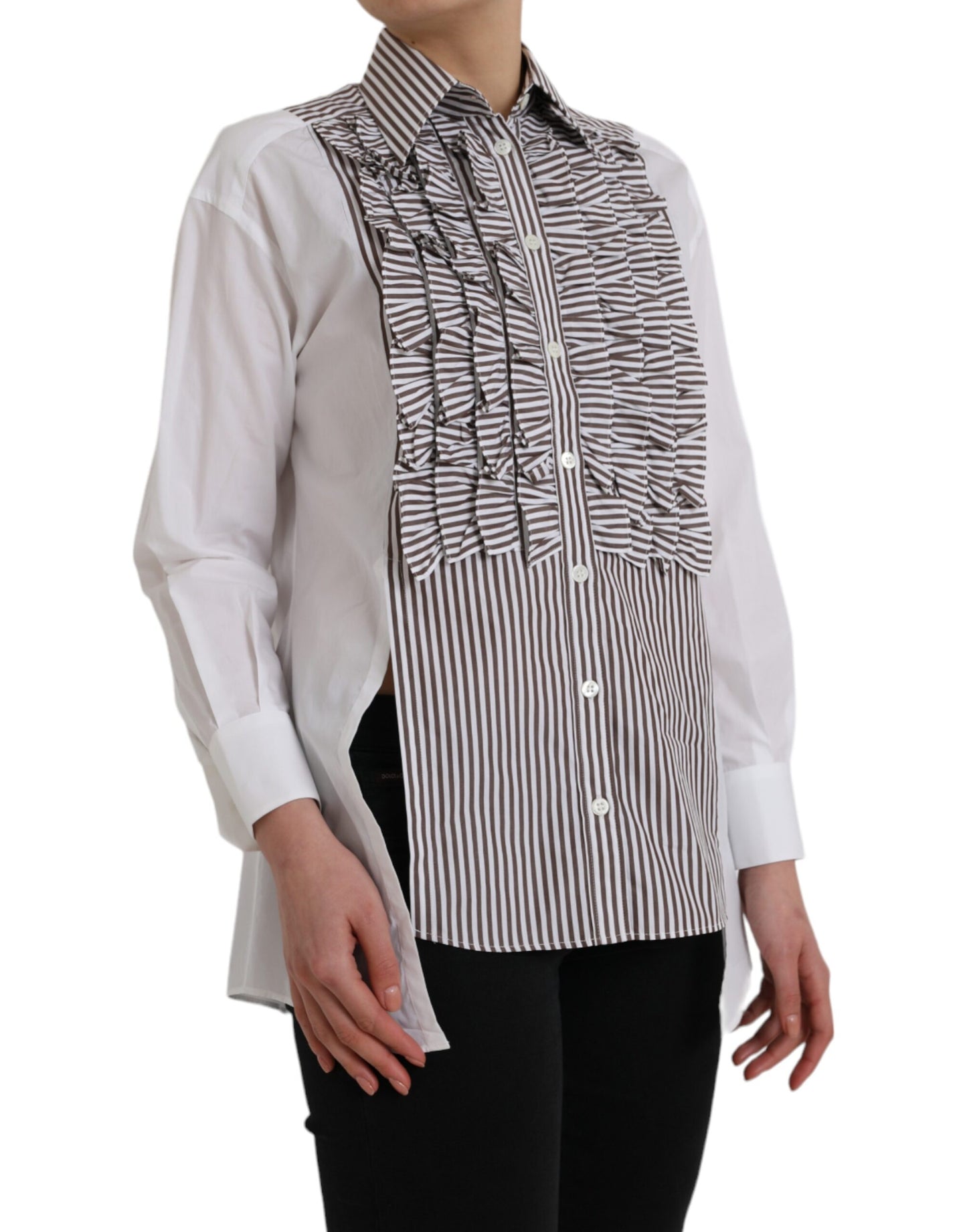 - White Stripes Cotton Long Sleeves Ruffle Collar Top