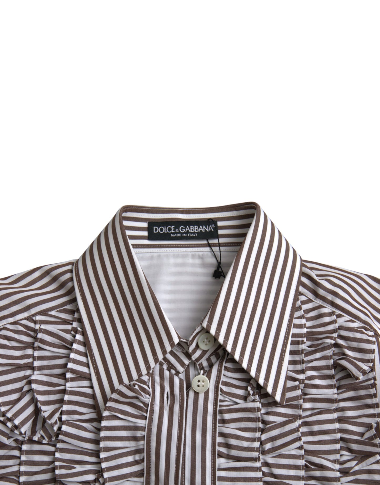 - White Stripes Cotton Long Sleeves Ruffle Collar Top