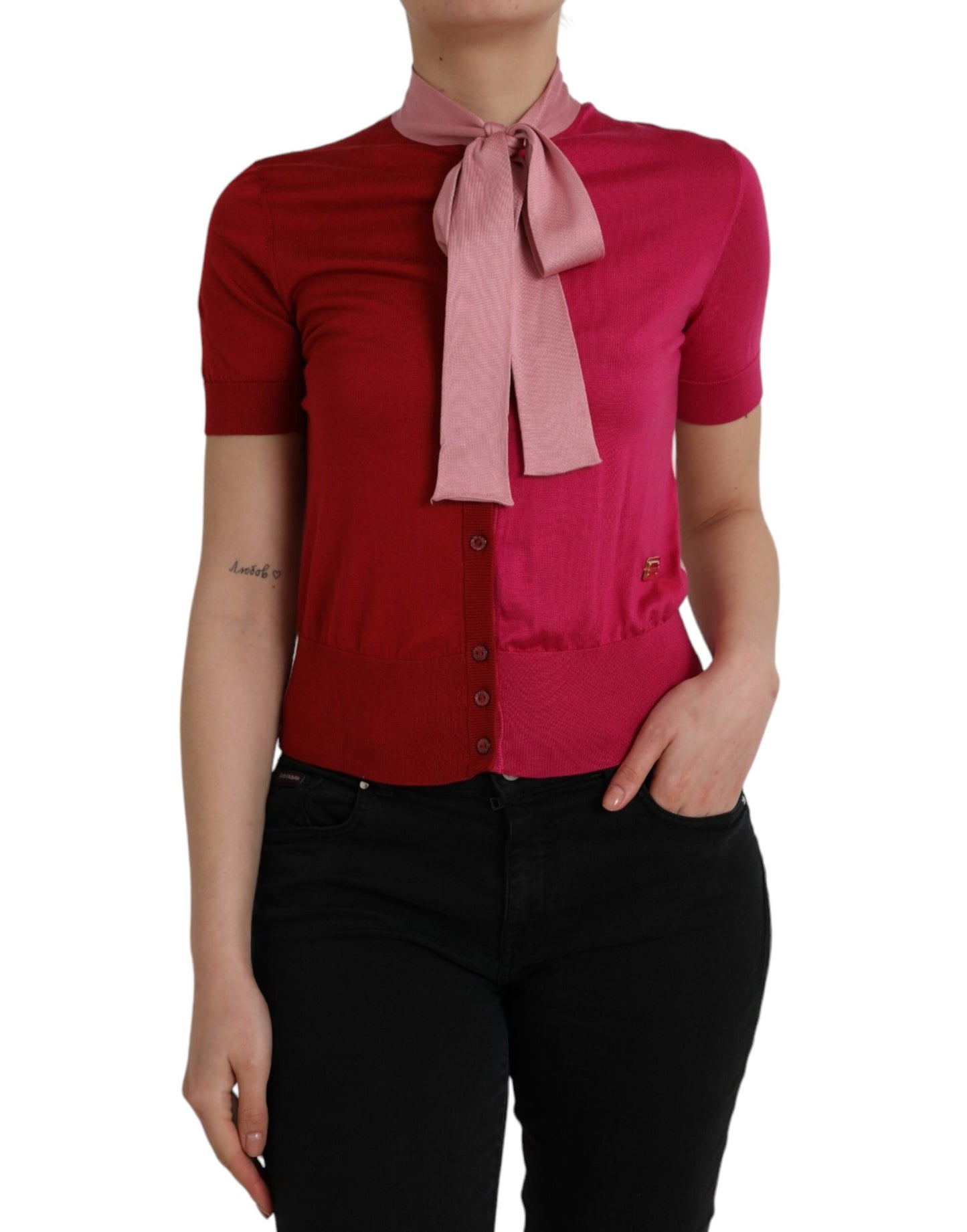 - Pink Short Sleeves Pullover Ascot Collar Top