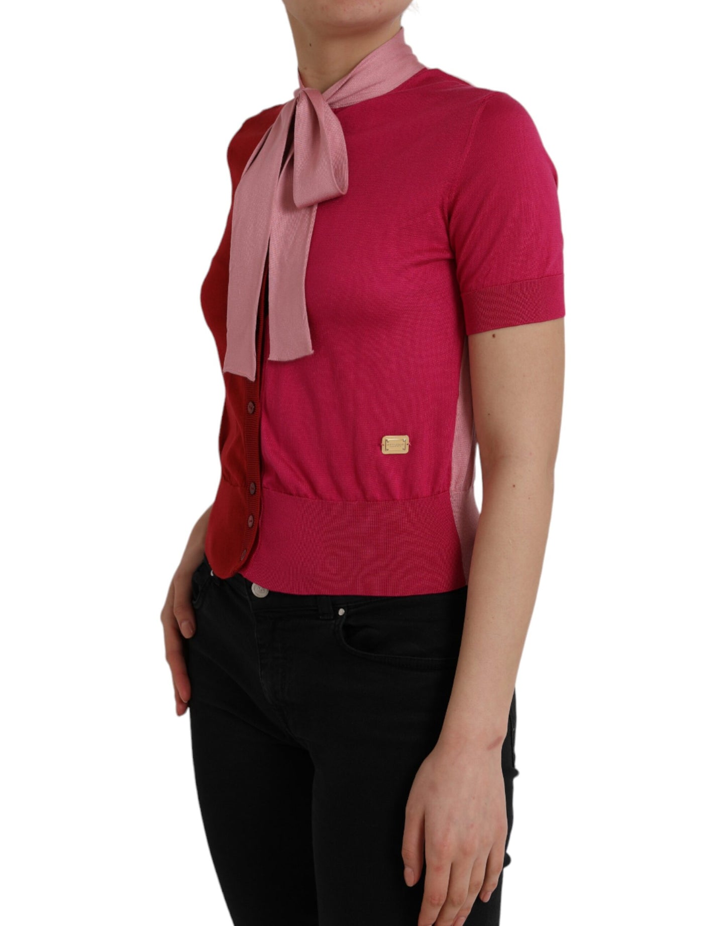 - Pink Short Sleeves Pullover Ascot Collar Top