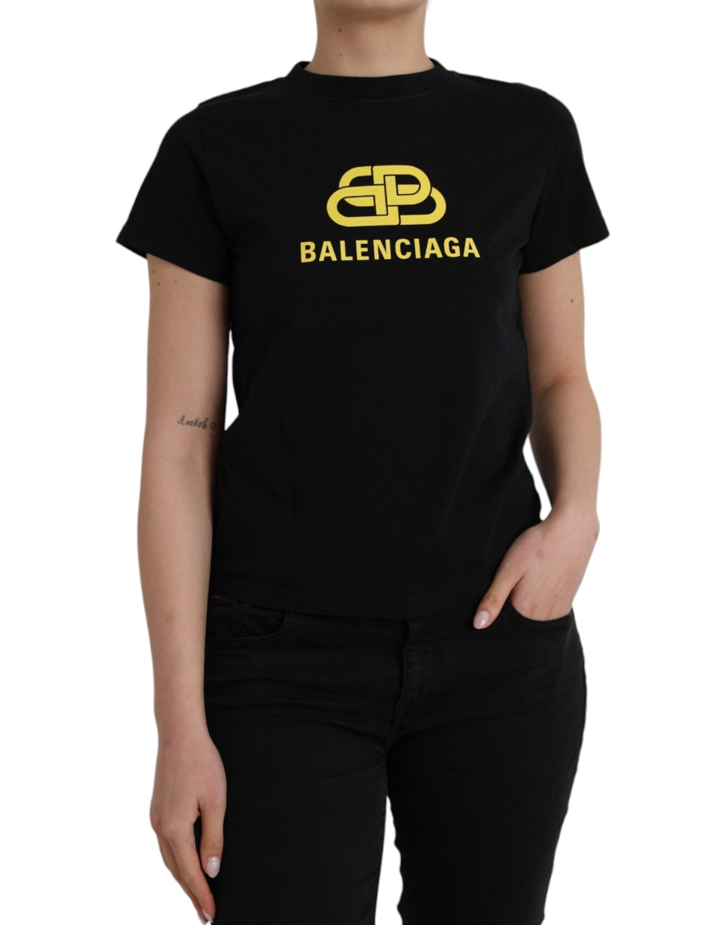 - Black Cotton Logo Print Crew Neck Short Sleeves T-shirt