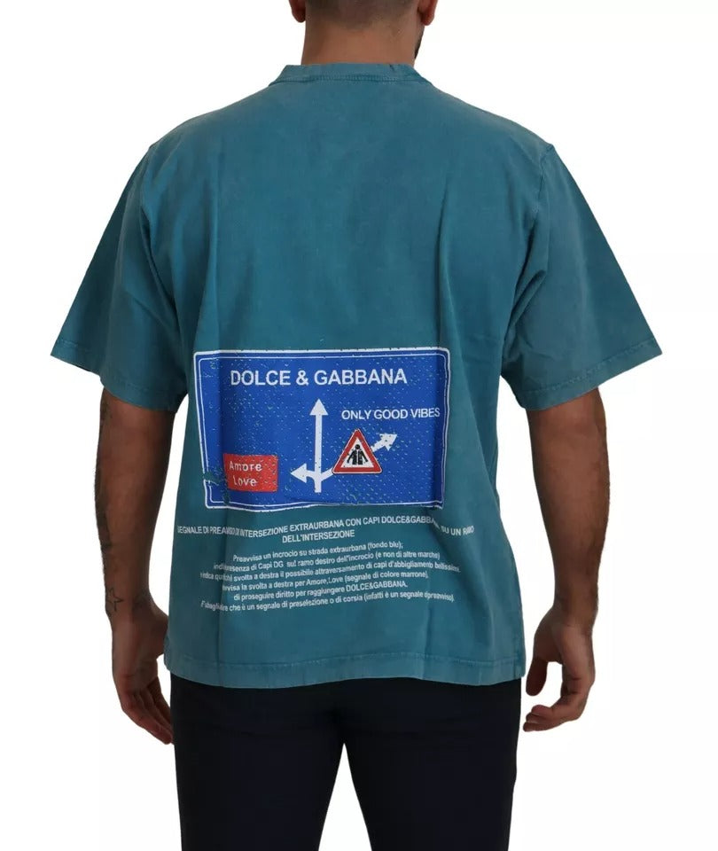 - Blue Logo Print Crewneck Tee Cotton T-shirt