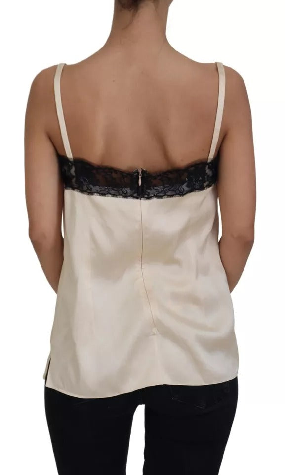 - Beige Lace Spaghetti Logo Embroidery Top