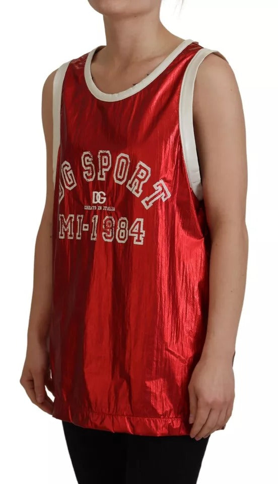 - Red Nylon Logo Print Sleeveless Jersey Top