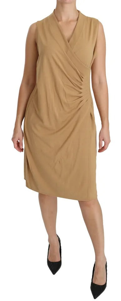 - Brown V-neck Shift Knee Length Viscose Dress
