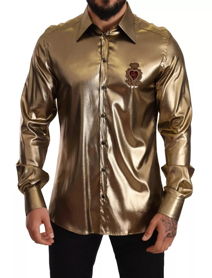 Metallic Gold DG Embroidered Crown Silk Top Shirt by Dolce & Gabbana