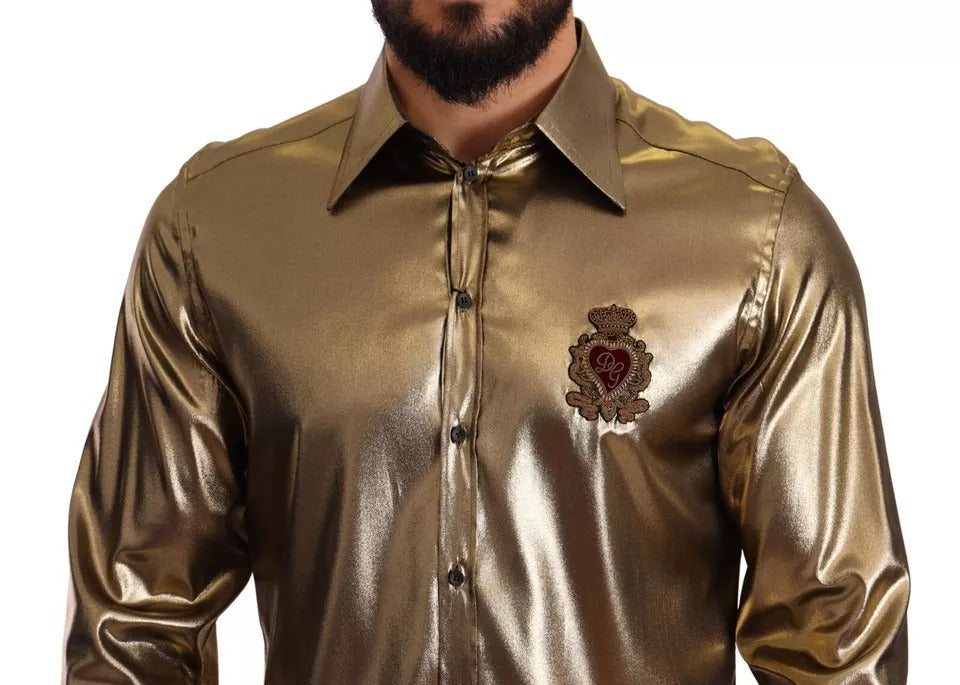 Metallic Gold DG Embroidered Crown Silk Top Shirt by Dolce & Gabbana