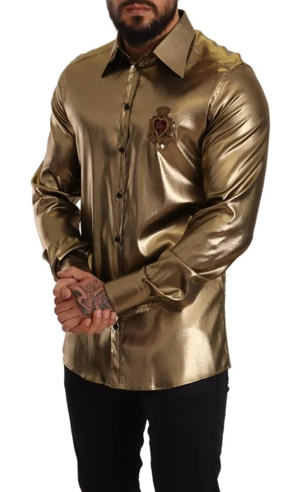 Metallic Gold DG Embroidered Crown Silk Top Shirt by Dolce & Gabbana