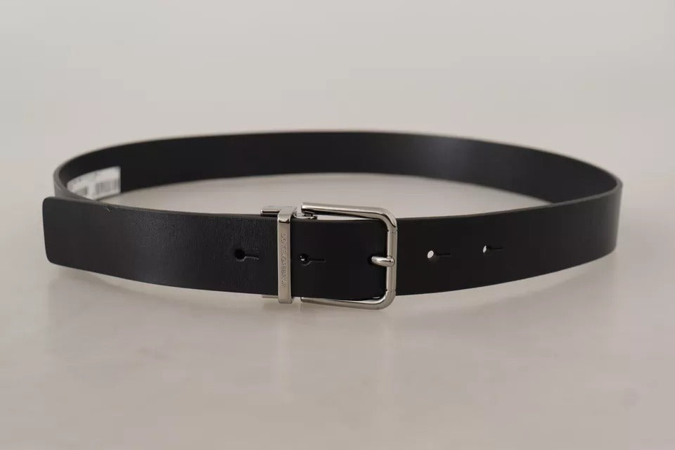 - Black Calf Leather Logo Engraved Metal Buckle Belt