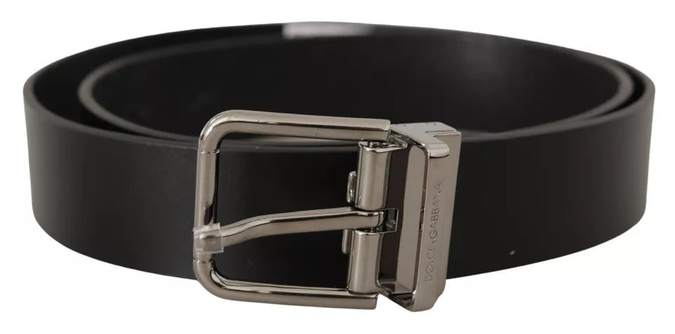 - Black Calf Leather Logo Engraved Metal Buckle Belt