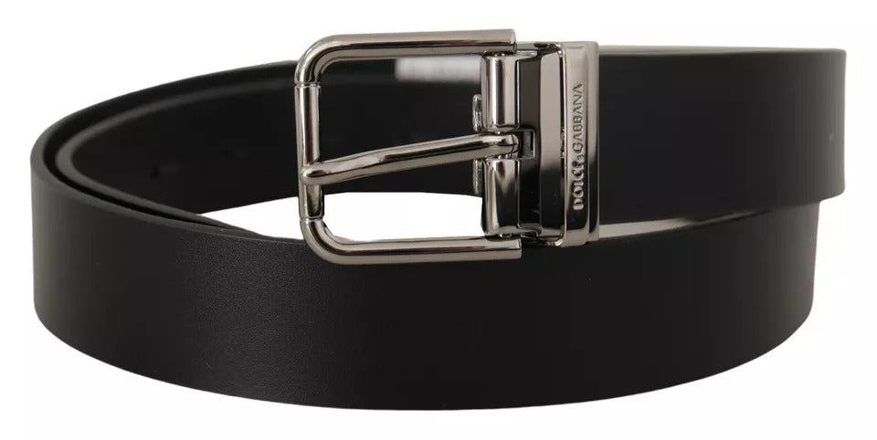 - Black Calf Leather Logo Engraved Metal Buckle Belt