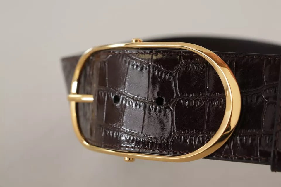 - Brown Crocodile Pattern Leather Gold Oval Buckle Belt