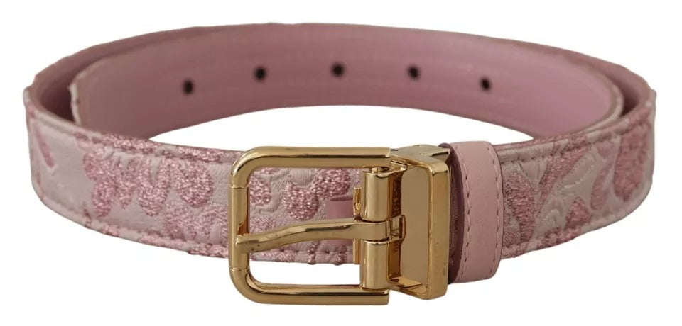 - Pink Jaquard Embroidered Gold Tone Metal Buckle Belt