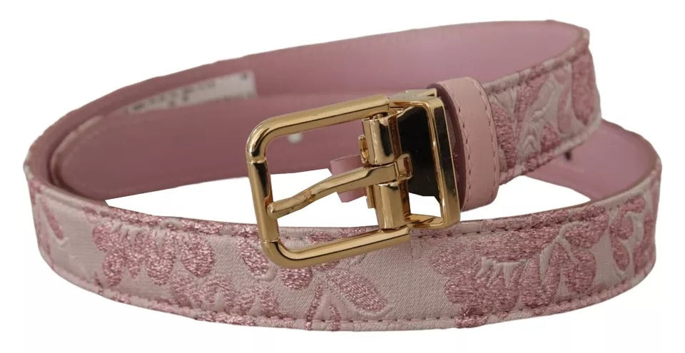 - Pink Jaquard Embroidered Gold Tone Metal Buckle Belt