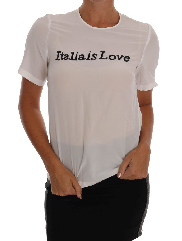 - Silk Sequined 'Italia Is Love' White Blouse