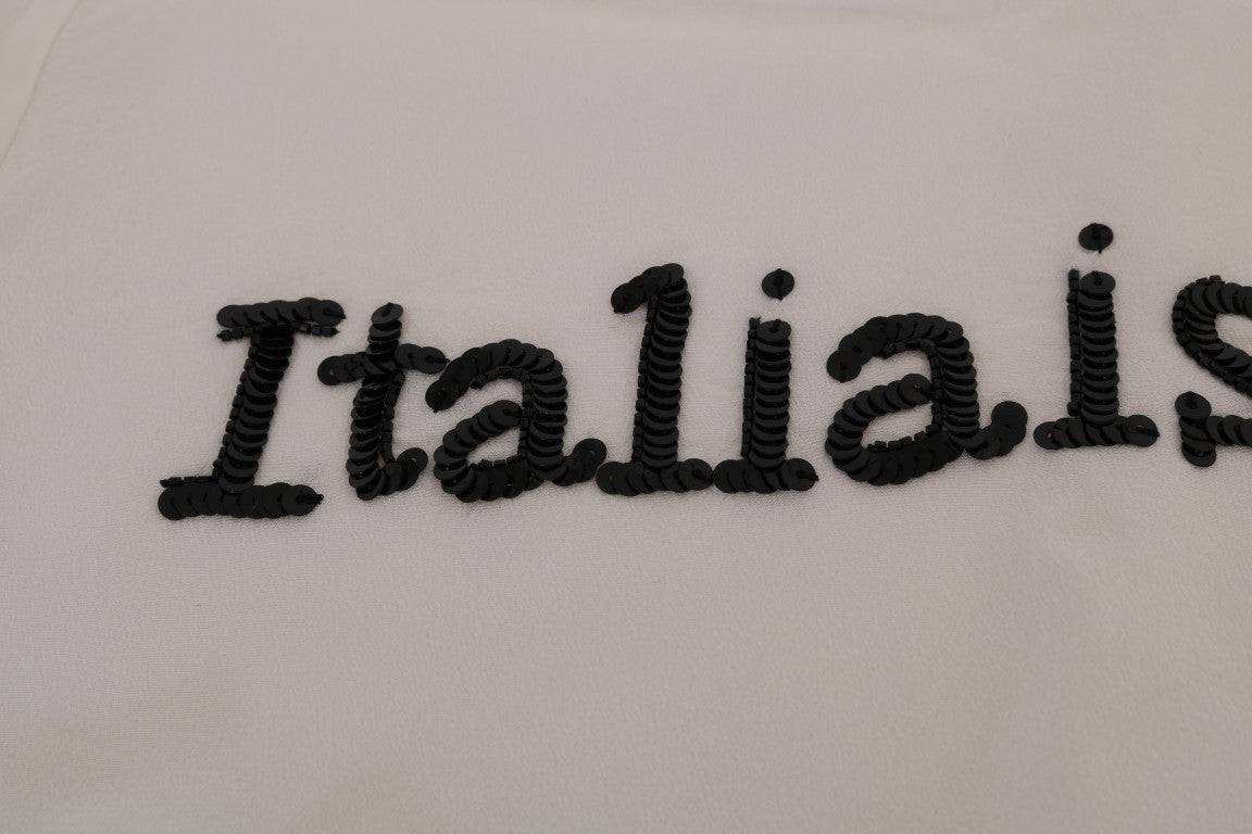 - Silk Sequined 'Italia Is Love' White Blouse