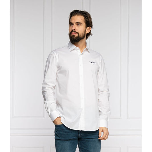 - Slim Fit White Cotton Shirt with Eagle Logo