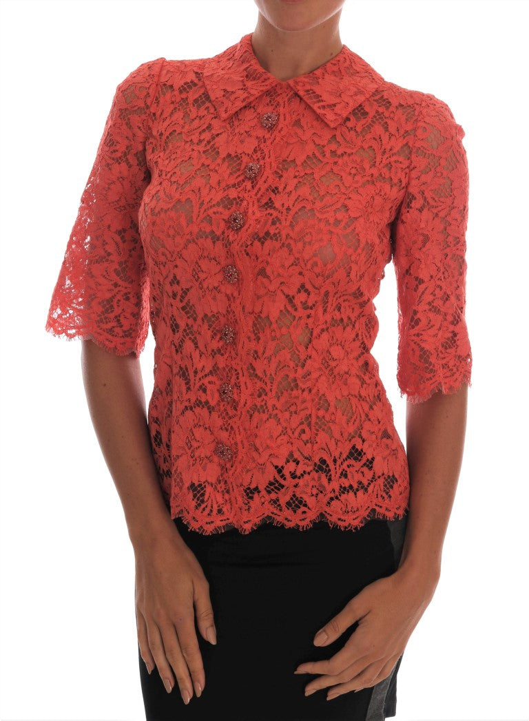 - Elegant Orange Floral Lace Crystal Cardigan Blouse