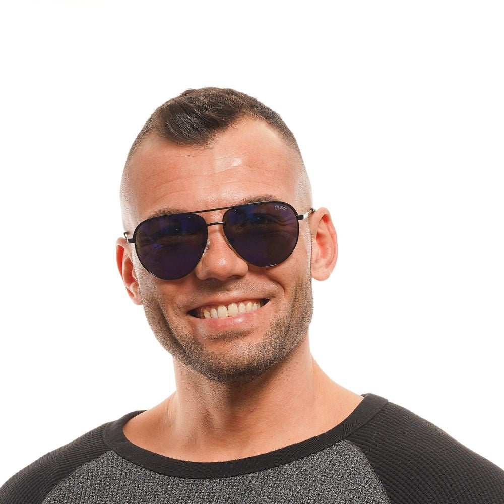 Guess Men’s Sunglasses – Black Aviator Frame with Blue Mirrored Lenses, 62mm