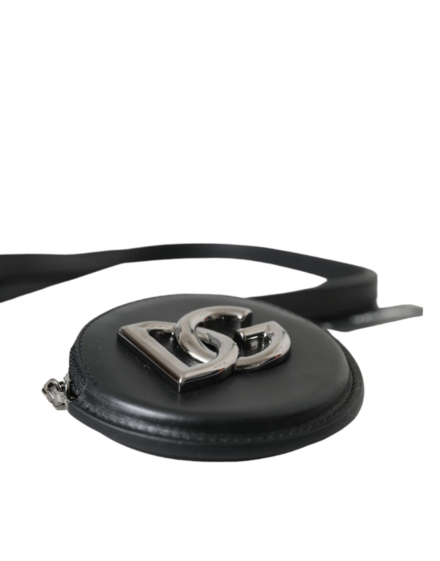 - Black Round Leather DG Logo Coin Purse Lanyard Wallet