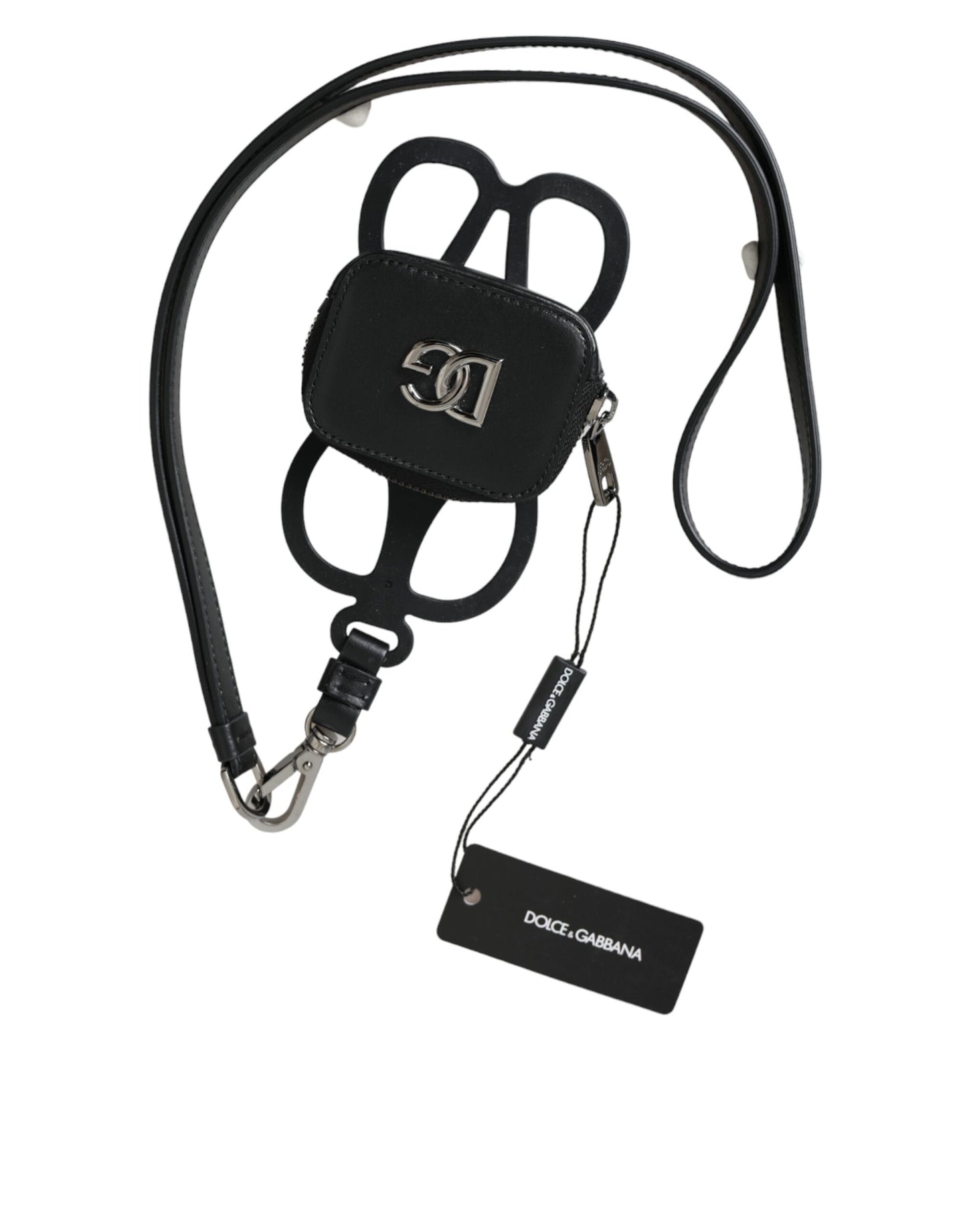 - Black Calfskin Leather DG Logo Coin Purse Lanyard Wallet