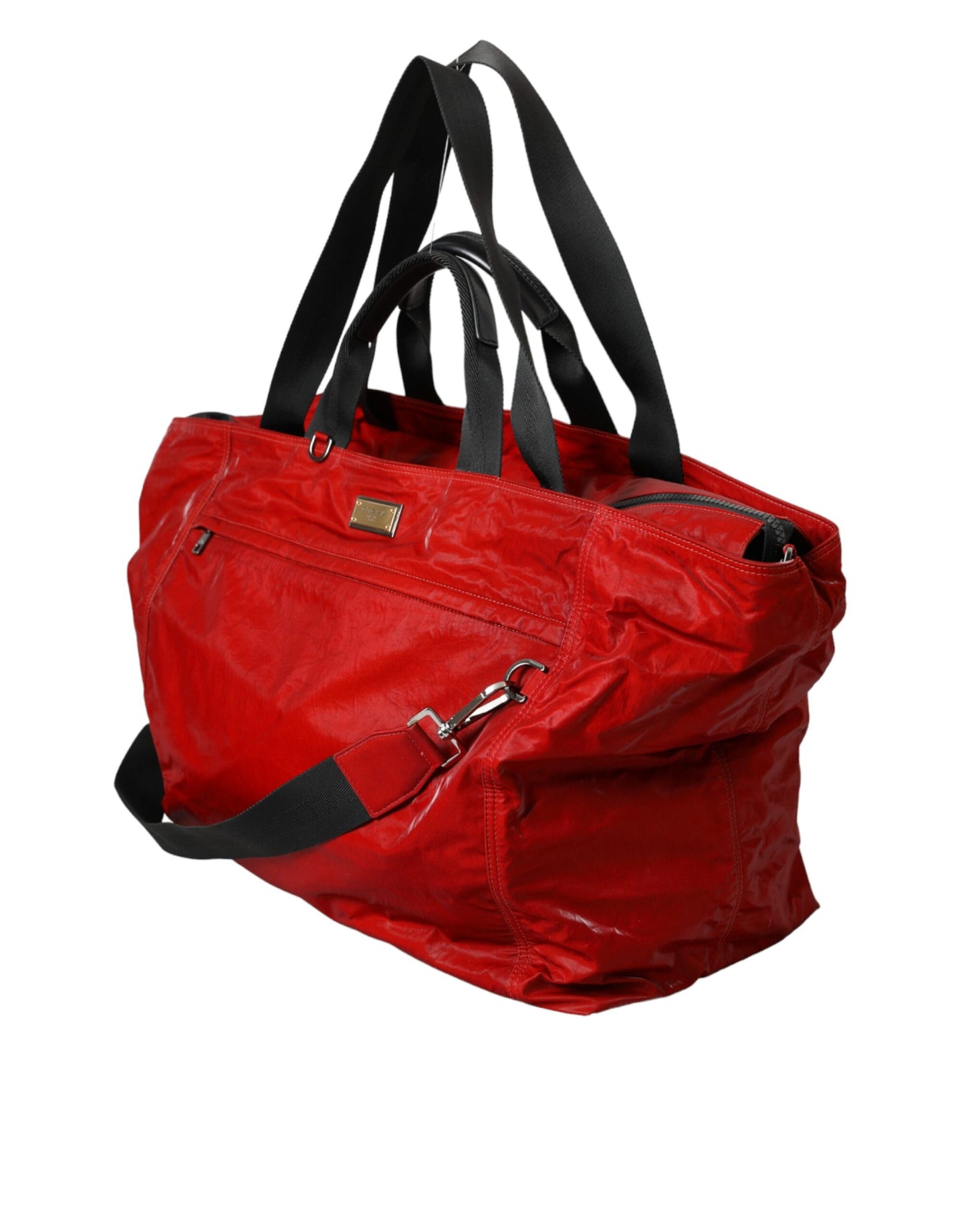- Red Nylon Calfskin Hand Shoulder Duffel Bag