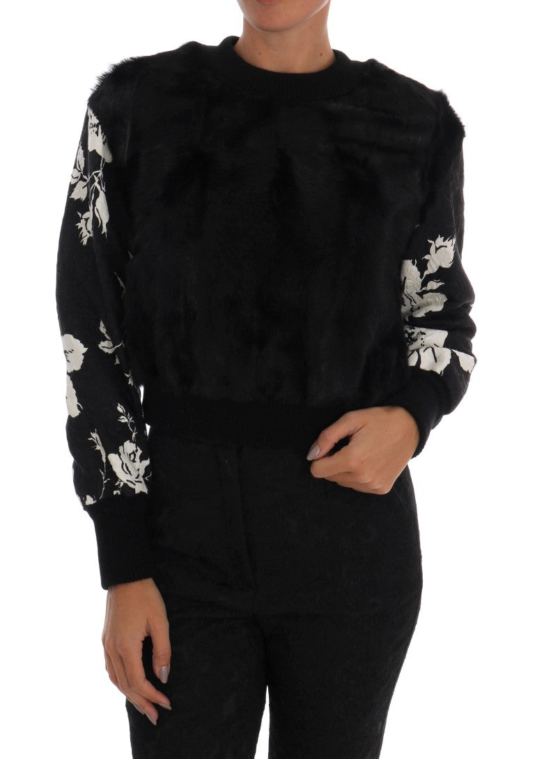 - Floral Brocade Black Fur Sweater