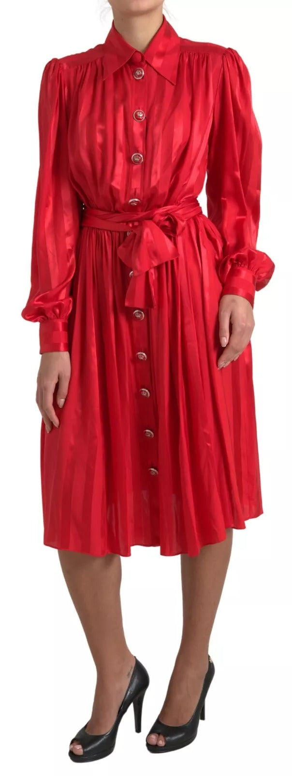 Elegant Red Silk Midi Dress with Button Detail by Dolce & Gabbana