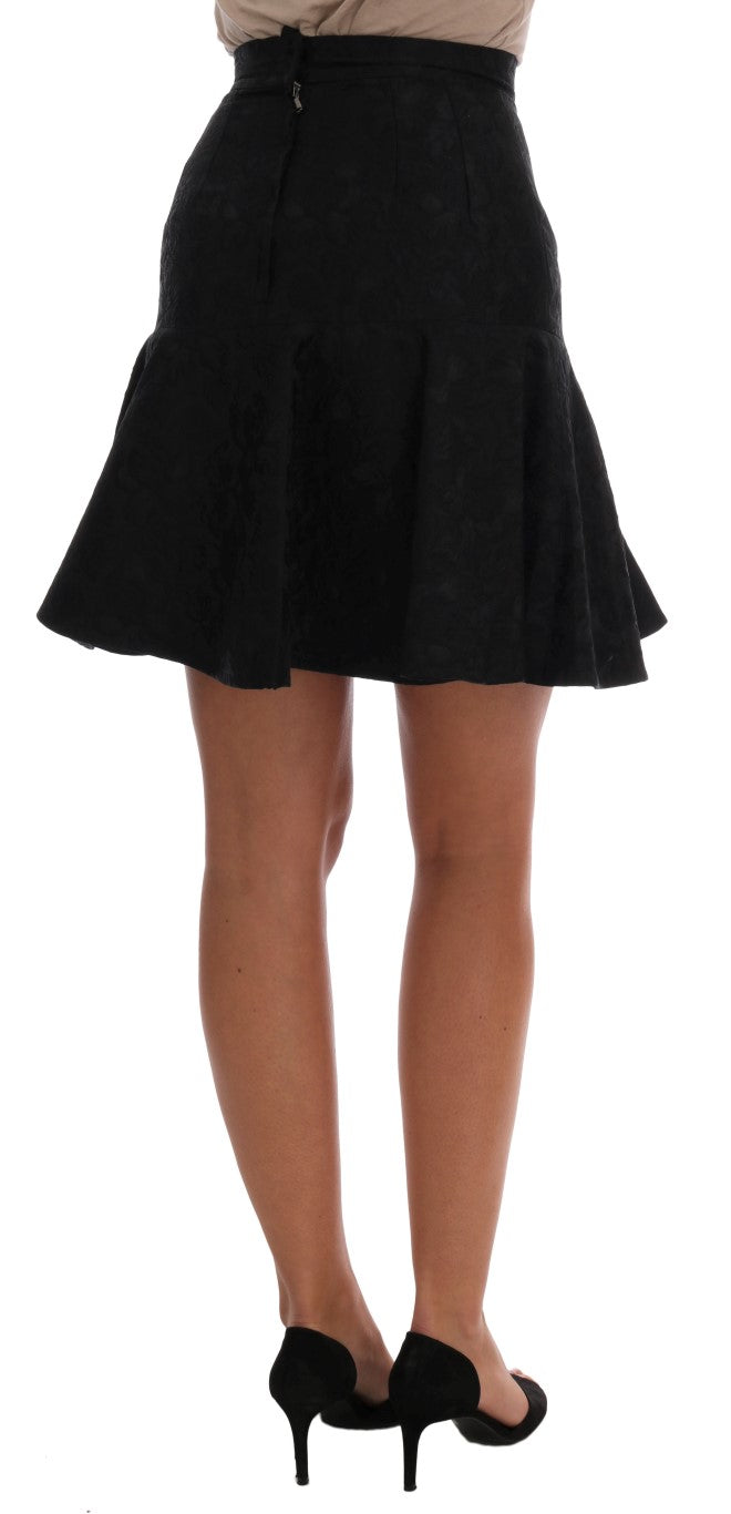 - Elegant Black Floral Jacquard A-Line Skirt