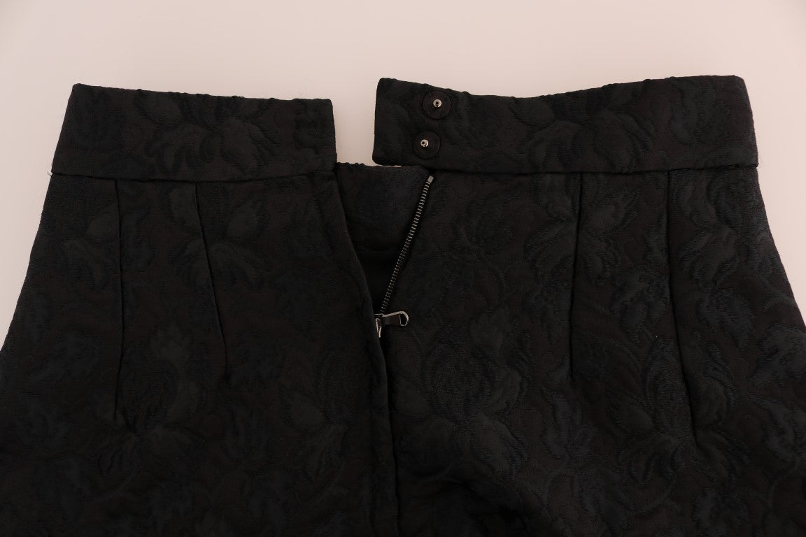 - Elegant Black Floral Jacquard A-Line Skirt