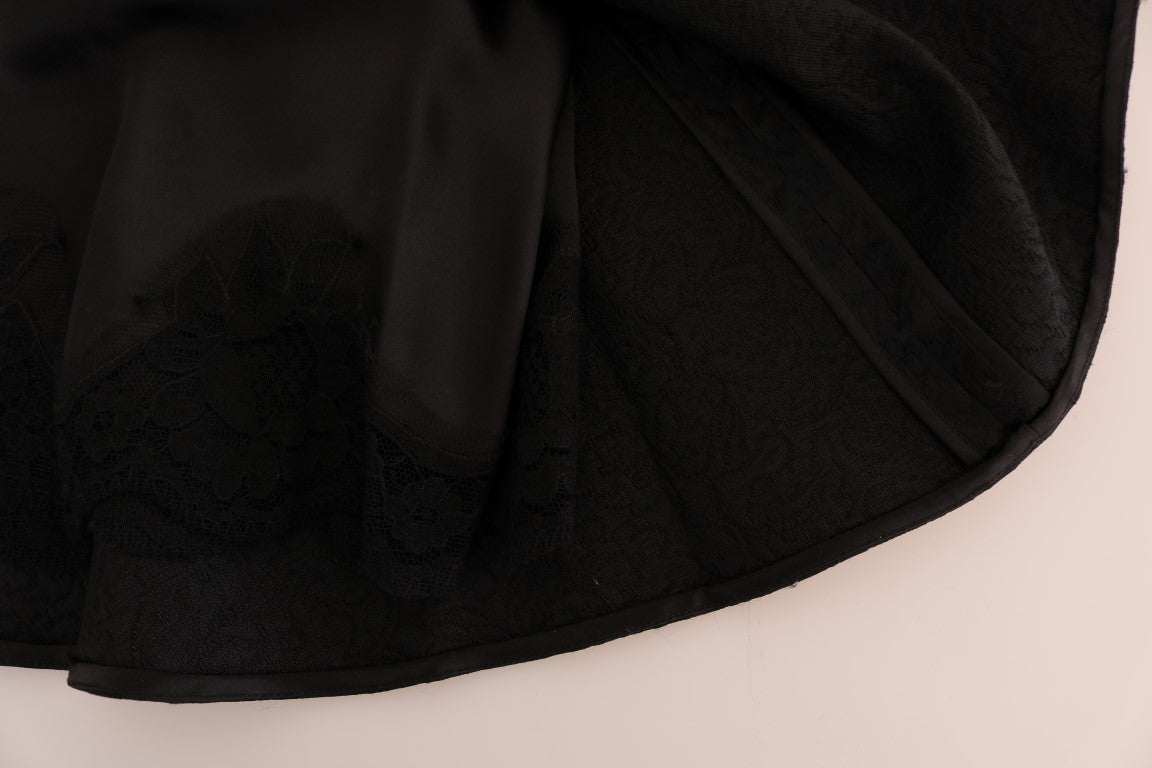 - Elegant Black Floral Jacquard A-Line Skirt