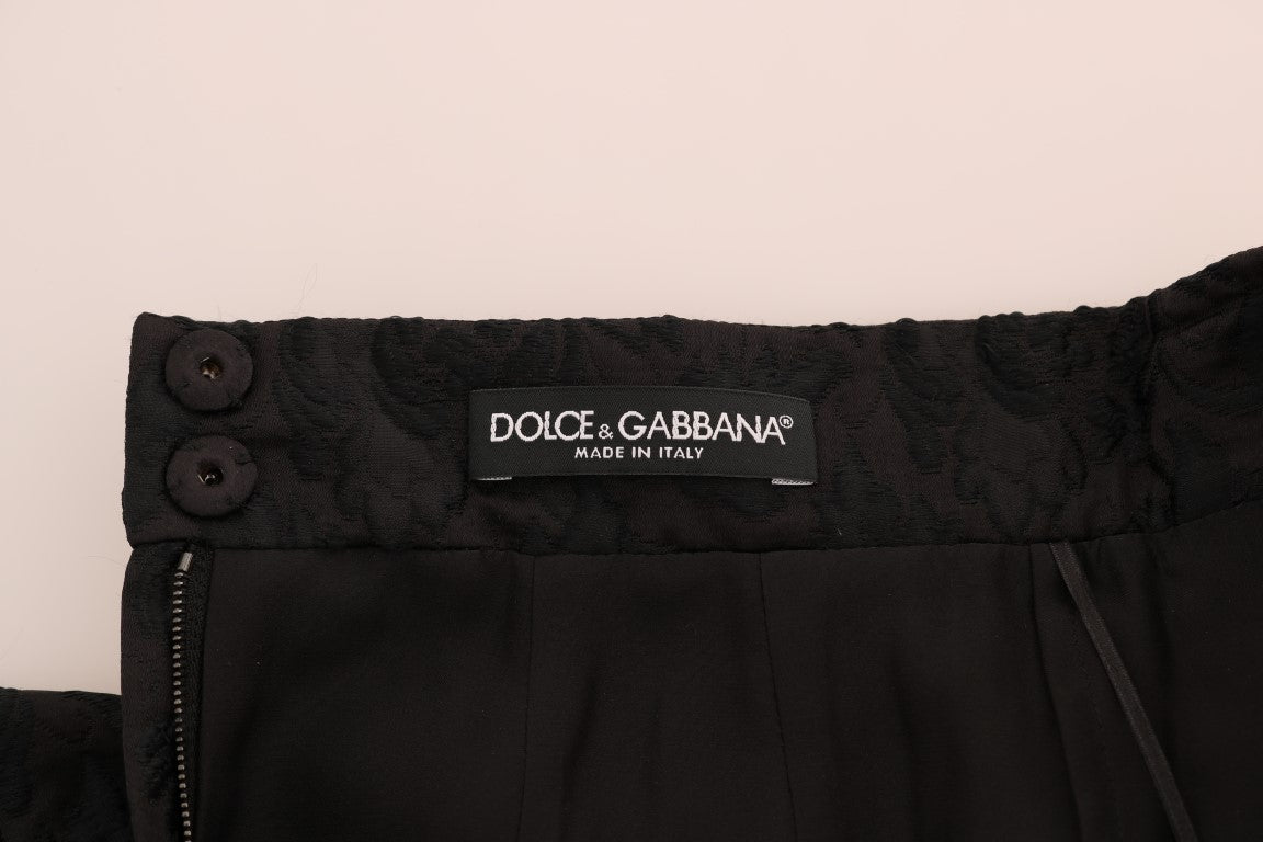 - Elegant Black Floral Jacquard A-Line Skirt