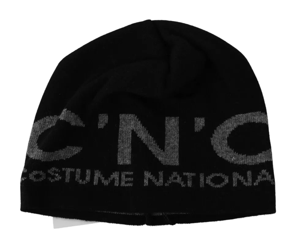 - Black Wool Blend Branded Beanie Hat