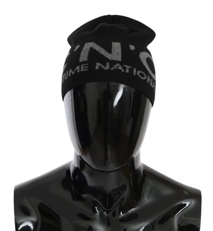 - Black Wool Blend Branded Beanie Hat