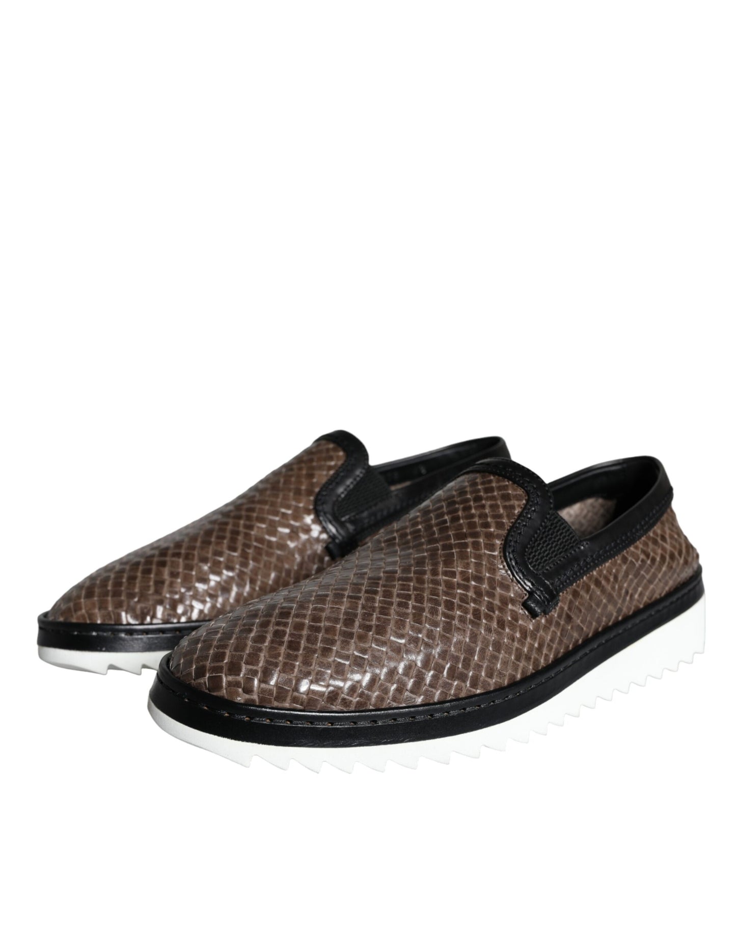 - Brown Black Leather Weaved Men Loafers Shoes