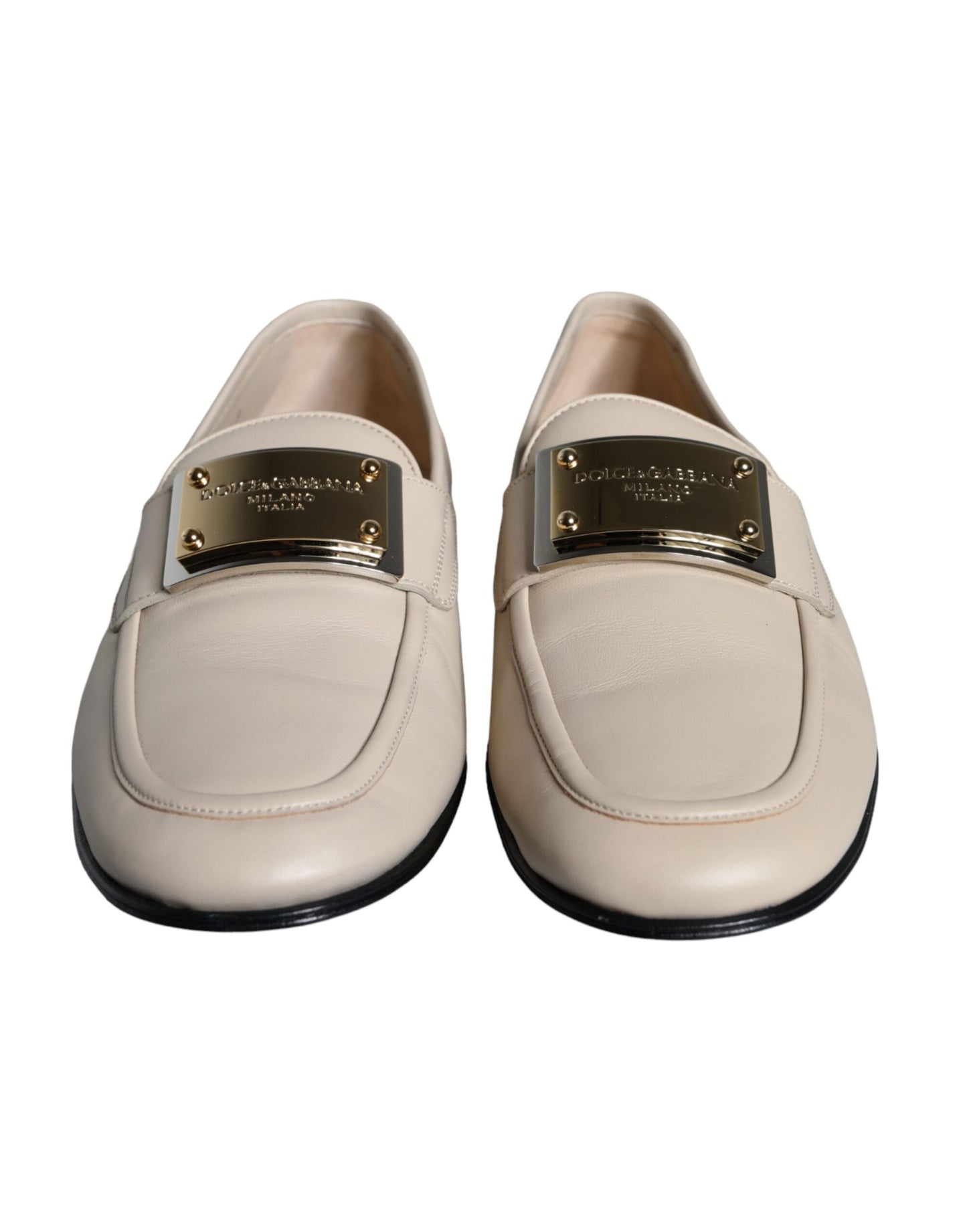 - Beige Leather Logo Plaque Slip On Men Loafers Shoes
