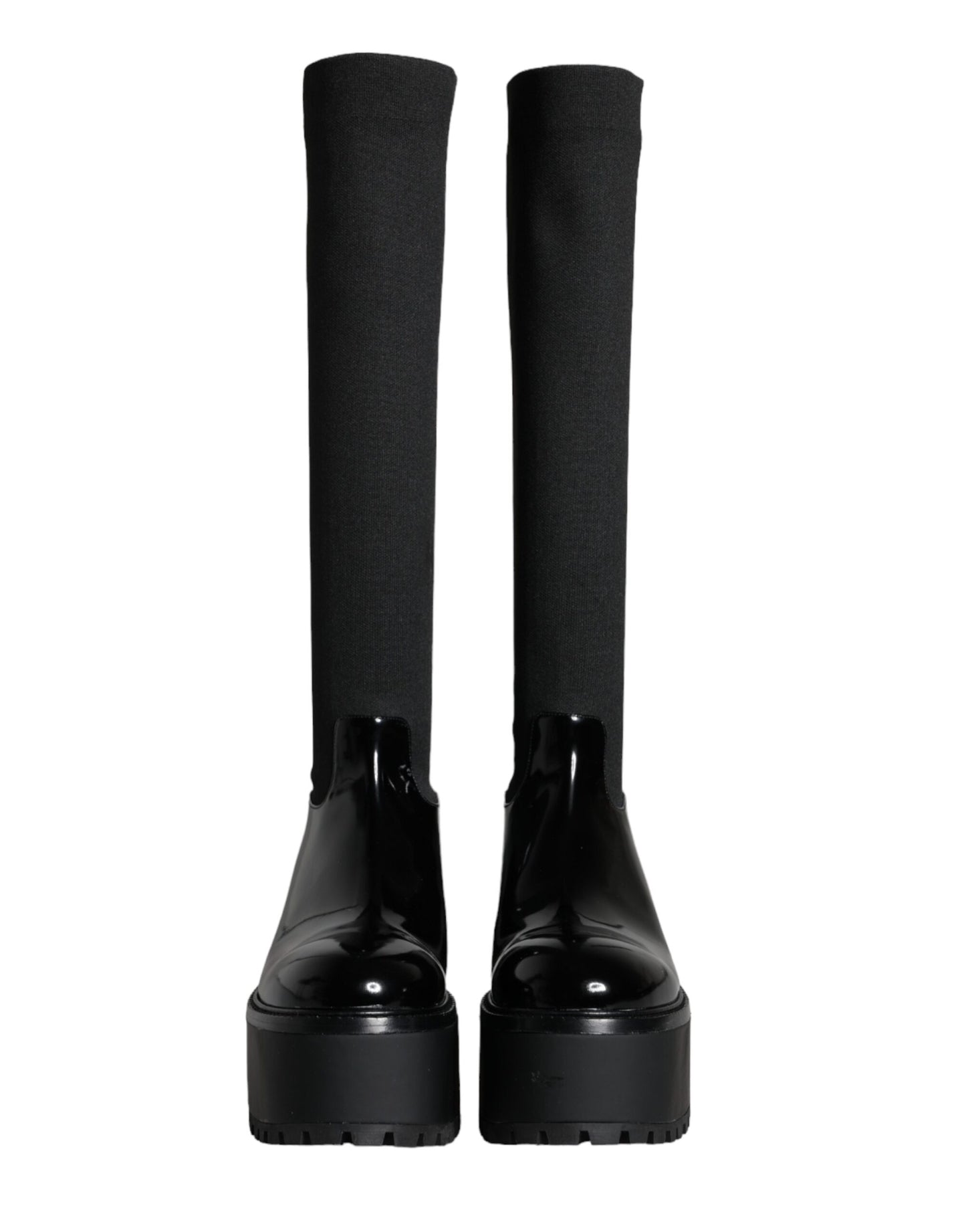 - Black Leather Jersey Knee High Boots Shoes