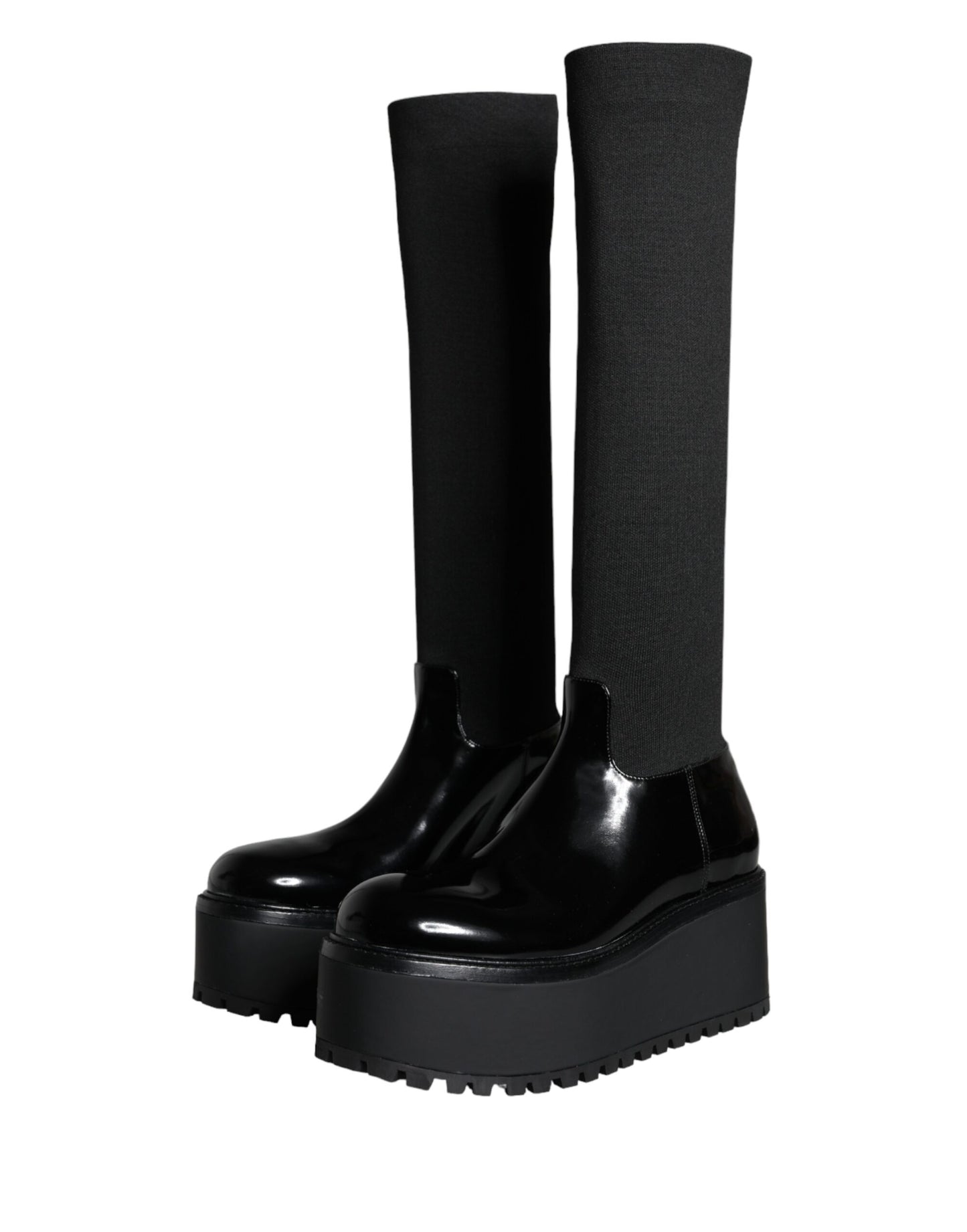 - Black Leather Jersey Knee High Boots Shoes