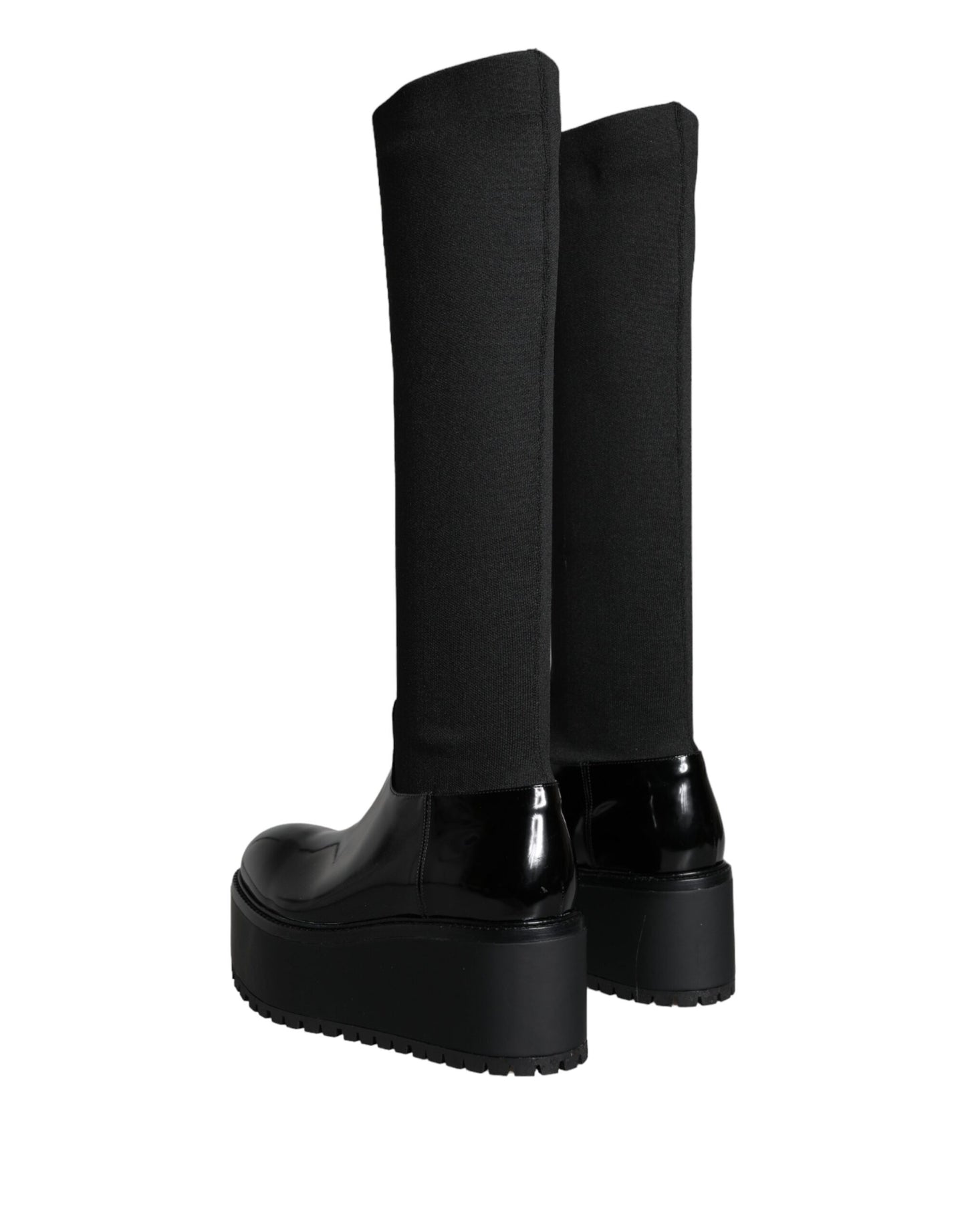 - Black Leather Jersey Knee High Boots Shoes
