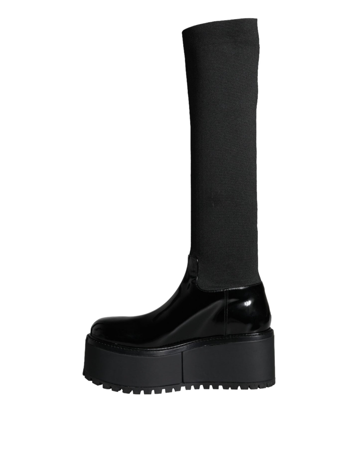 - Black Leather Jersey Knee High Boots Shoes