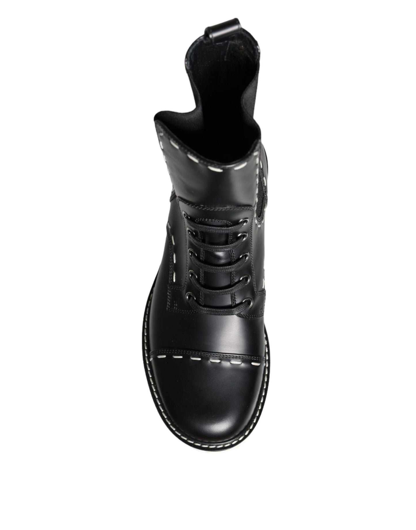 - Black Leather Combat Mid Calf Boots Shoes